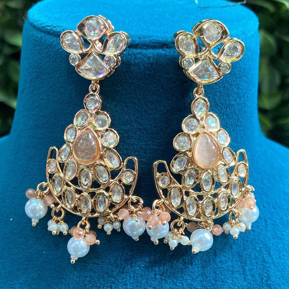 Royal Kundan Jewellery Gold Plated Crystal Stone And Pearls Dangler Earrings