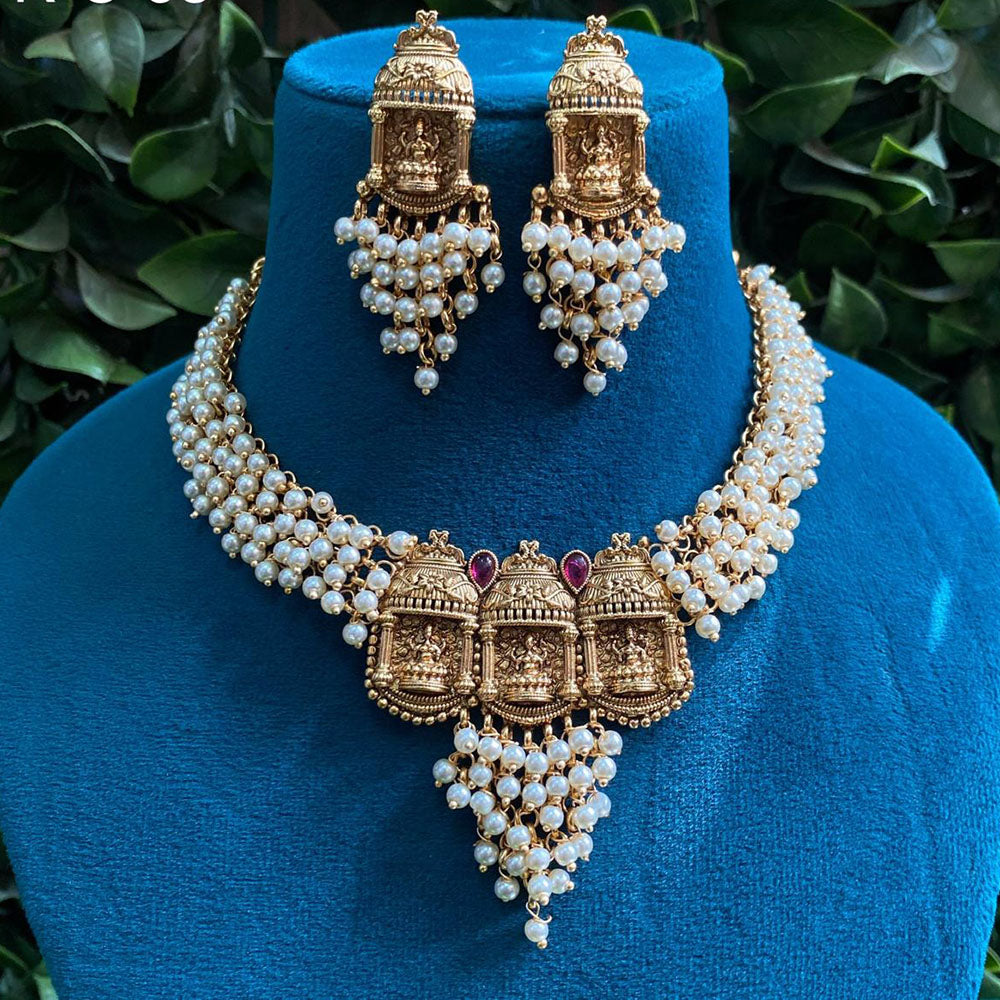 Royal Kundan Jewellery Gold Plated Pearls Temple Necklace Set