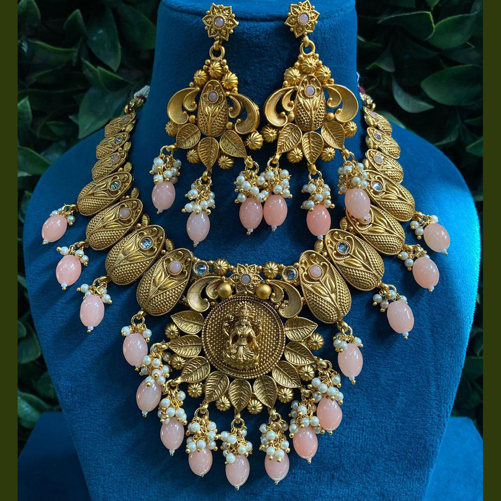 Royal Kundan Jewellery Gold Plated Pota Stone And Beads Temple Necklace Set