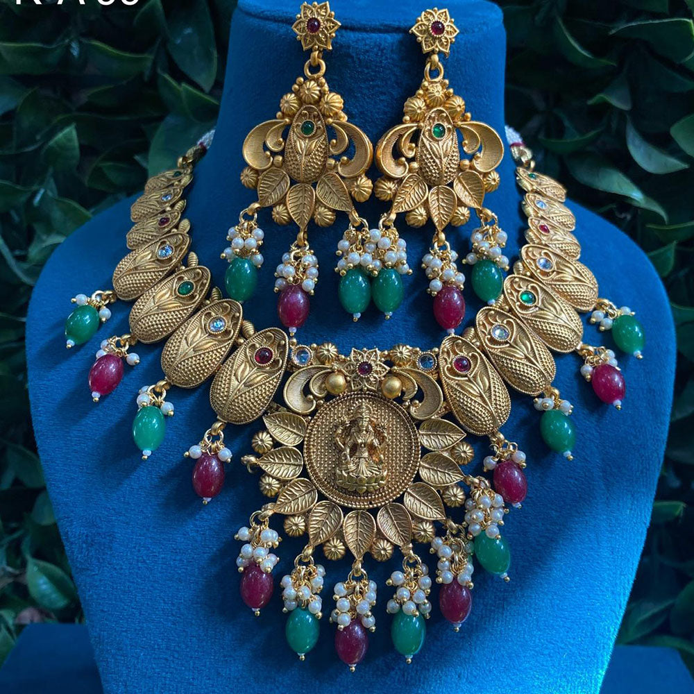 Royal Kundan Jewellery Gold Plated Pota Stone And Beads Temple Necklace Set