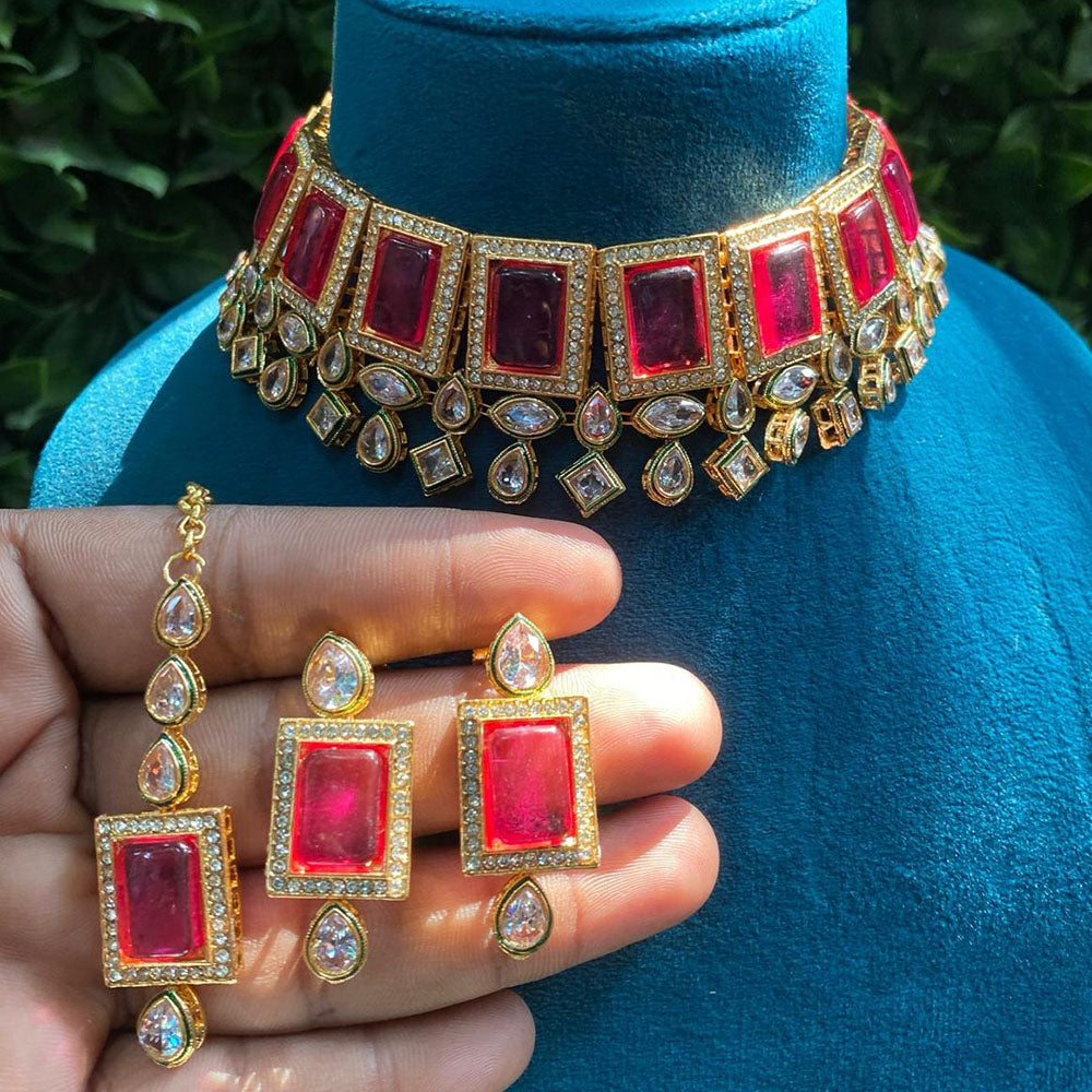 Royal Kundan Jewellery Gold Plated Crystal Stone Choker Necklace Set