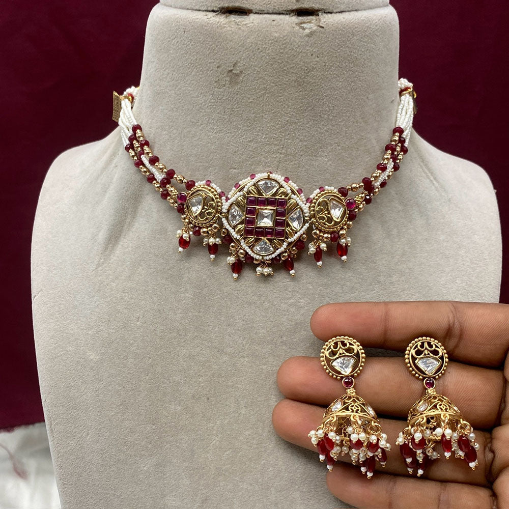 Royal Kundan Jewellery Gold Plated Polki Kundan And Pearls Choker Necklace Set