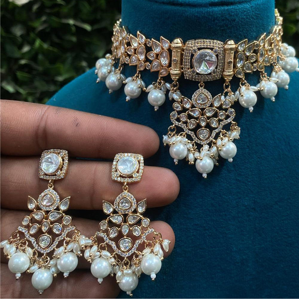 Royal Kundan Jewellery Gold Plated Polki Kundan And Pearls Choker Necklace Set