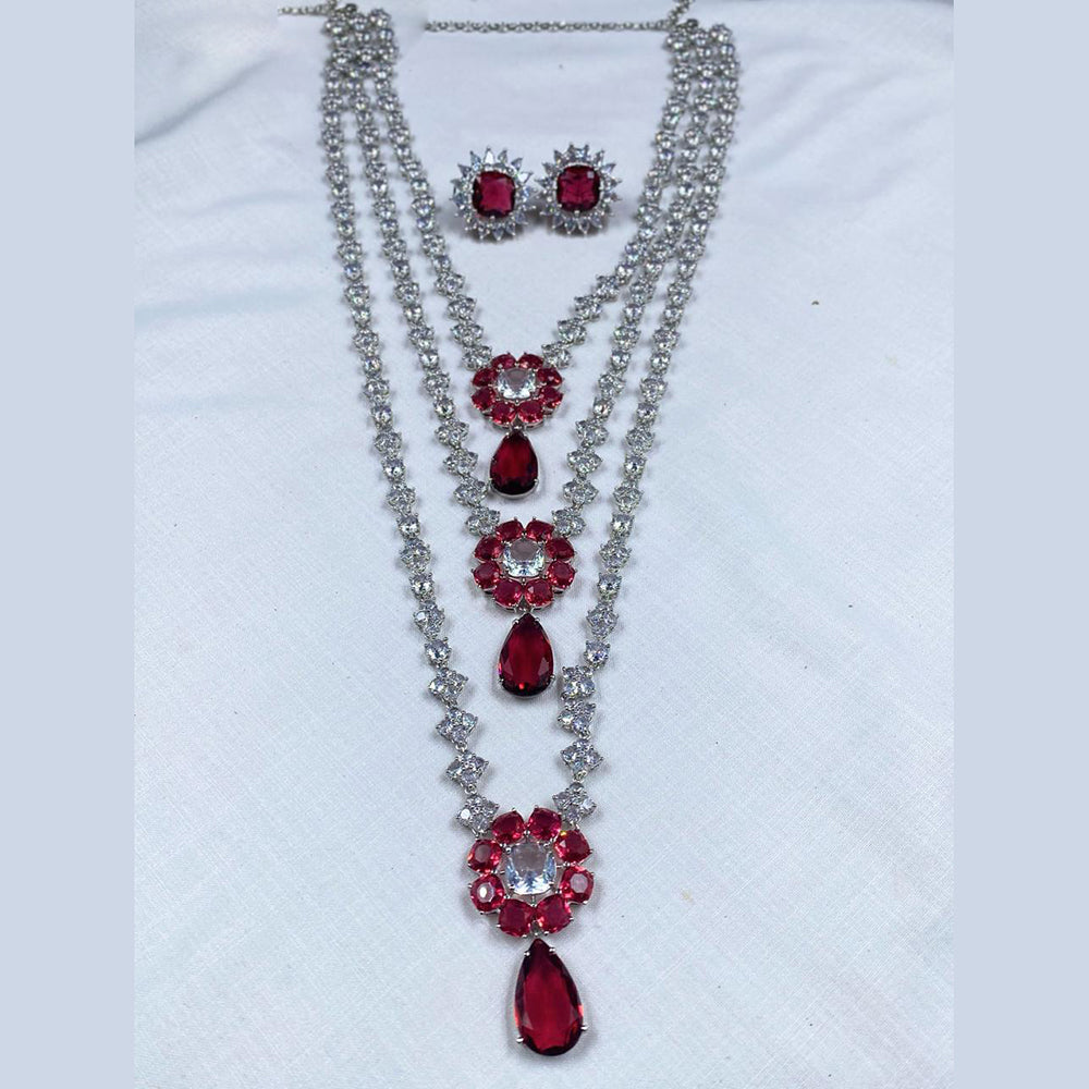 Royal Kundan Jewellery Silver Plated American Diamonds Multi Layer Necklace Set