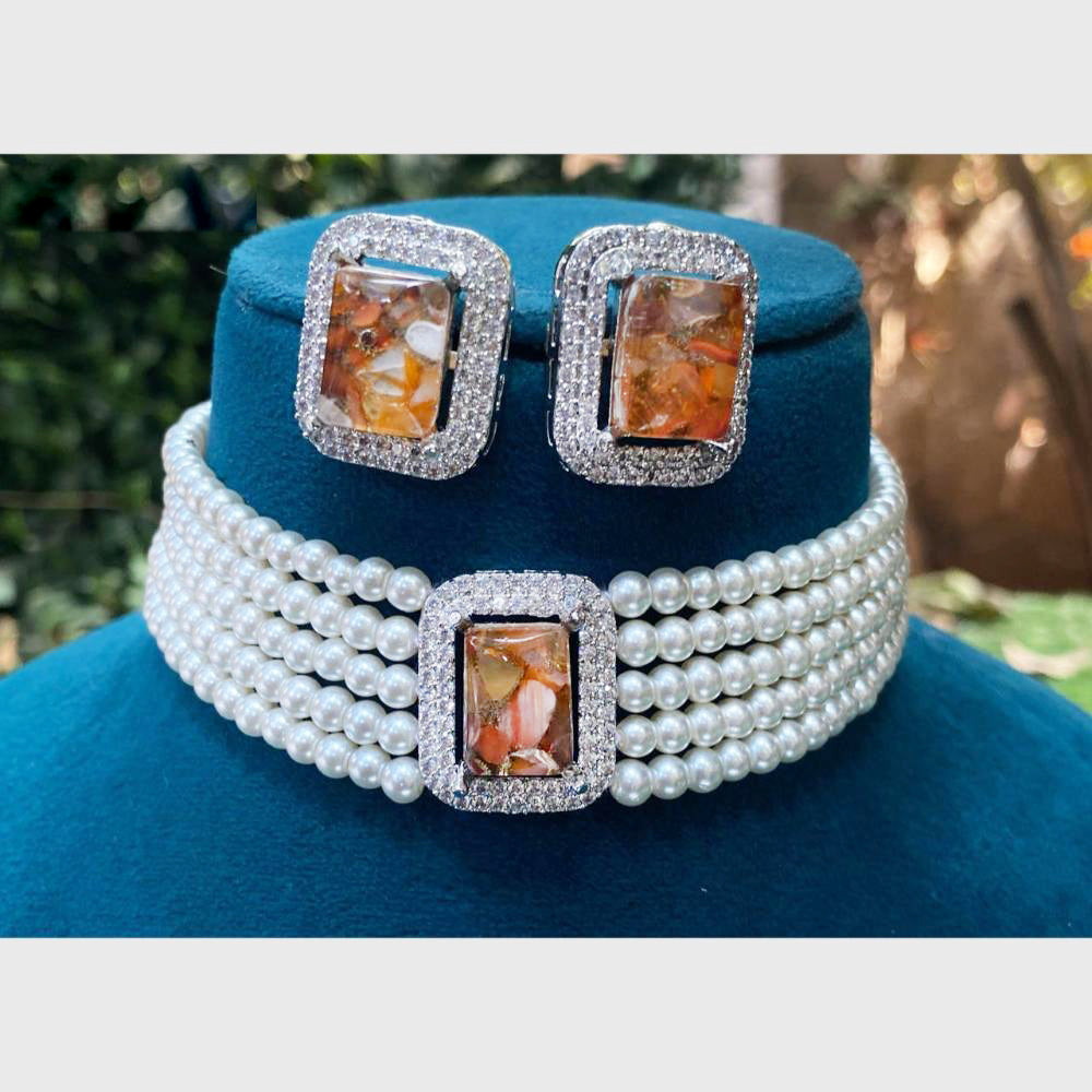 Royal Kundan Jewellery Silver Plated Druzy Crystal Stone Pearls Choker Necklace Set