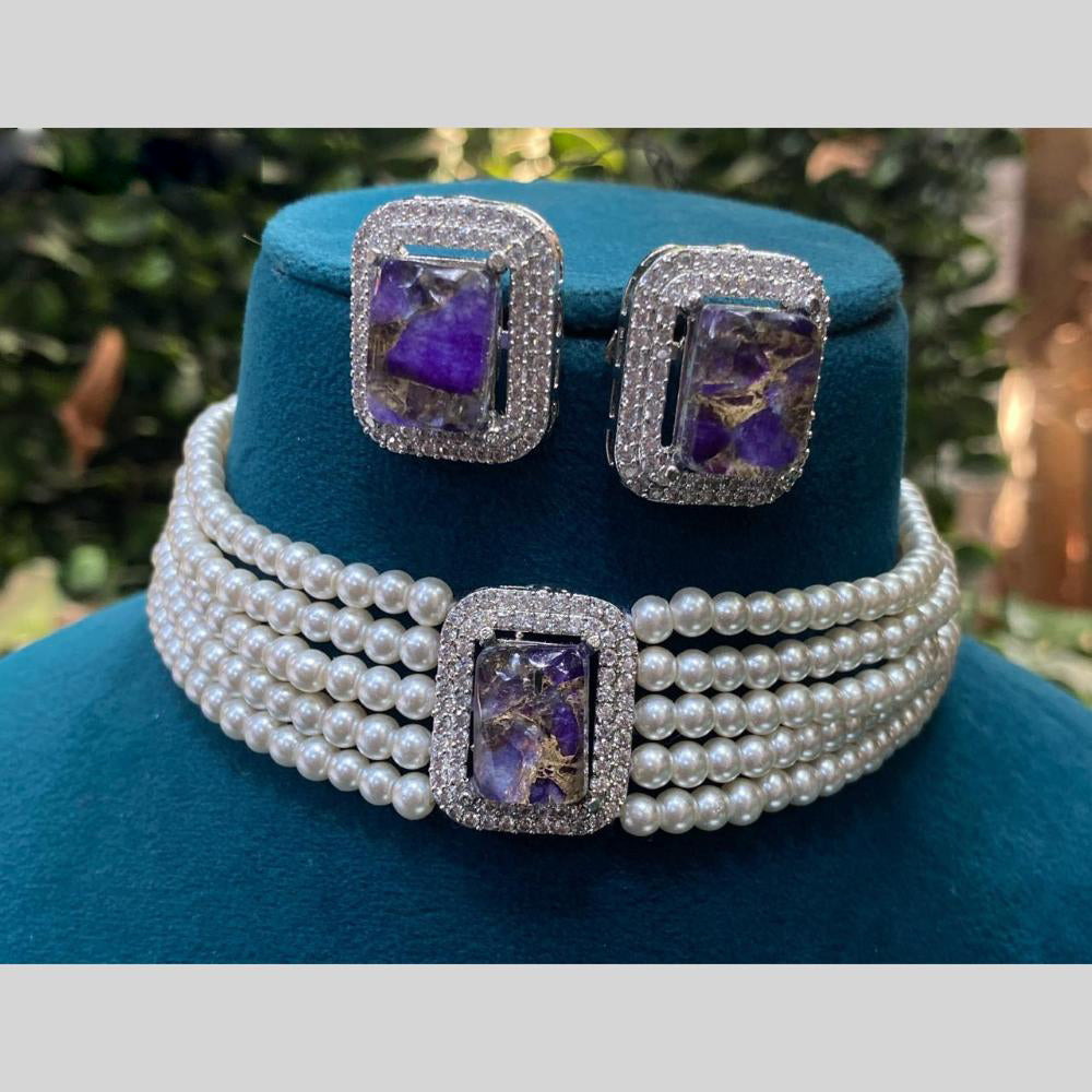 Royal Kundan Jewellery Silver Plated Druzy Crystal Stone Pearls Choker Necklace Set