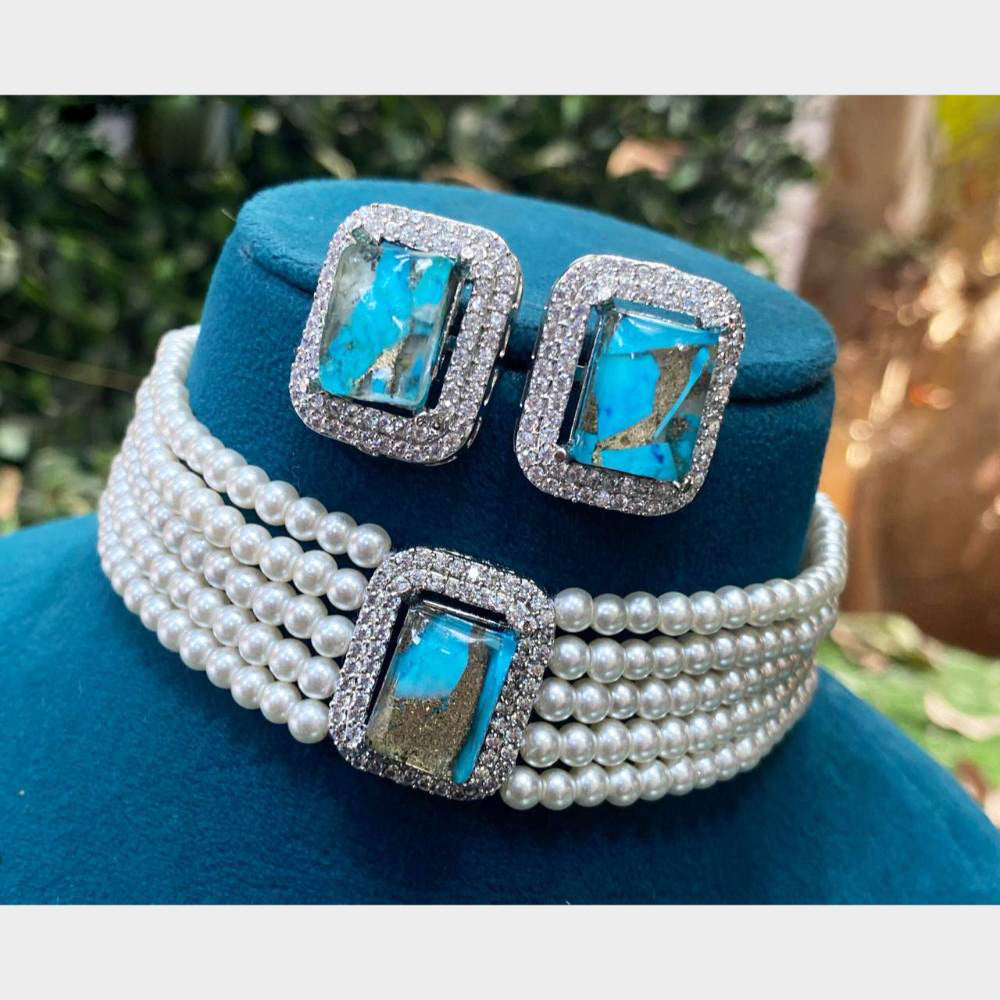 Royal Kundan Jewellery Silver Plated Druzy Crystal Stone Pearls Choker Necklace Set