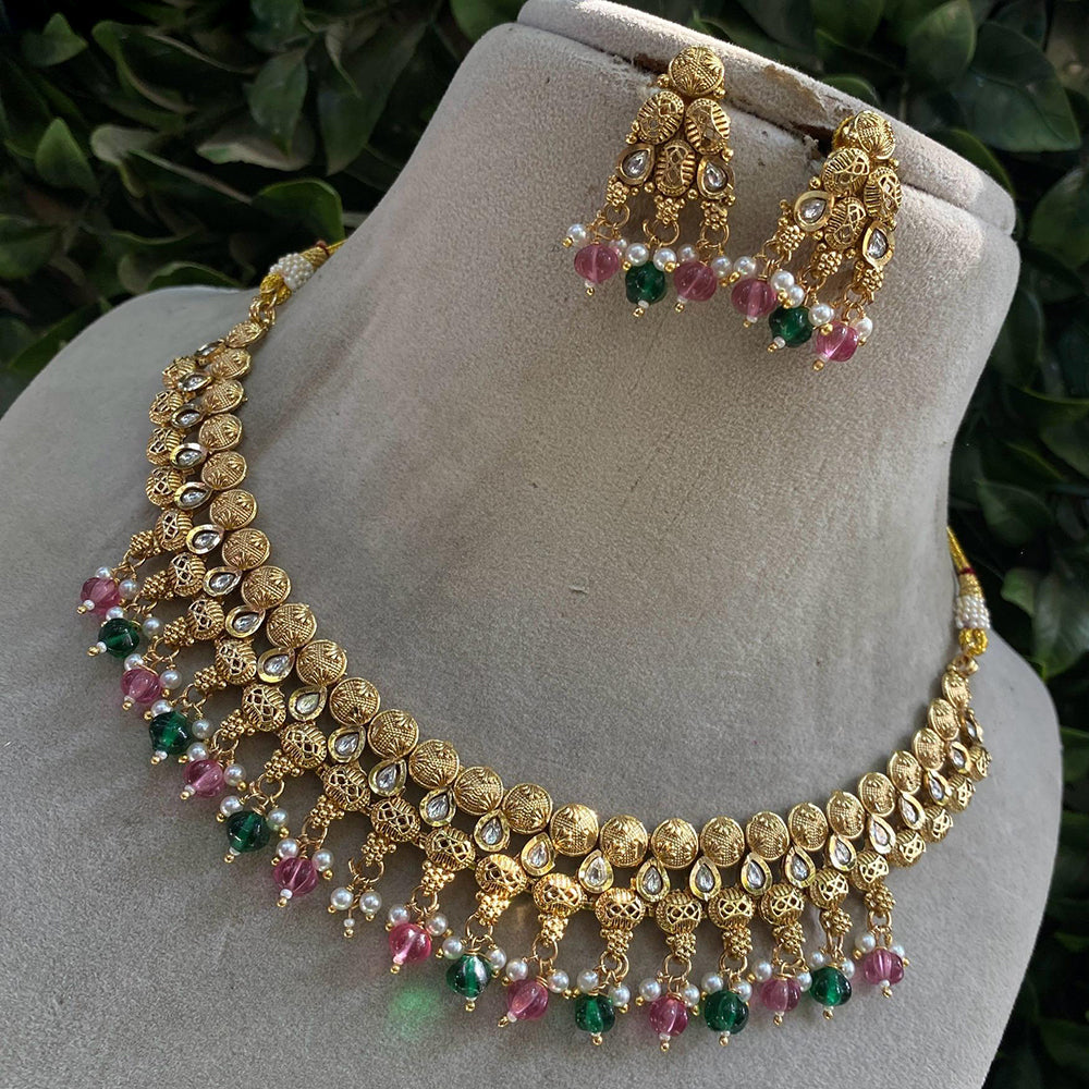Royal Kundan Jewellery Gold Plated Kundan Stone And Beads Necklace Set