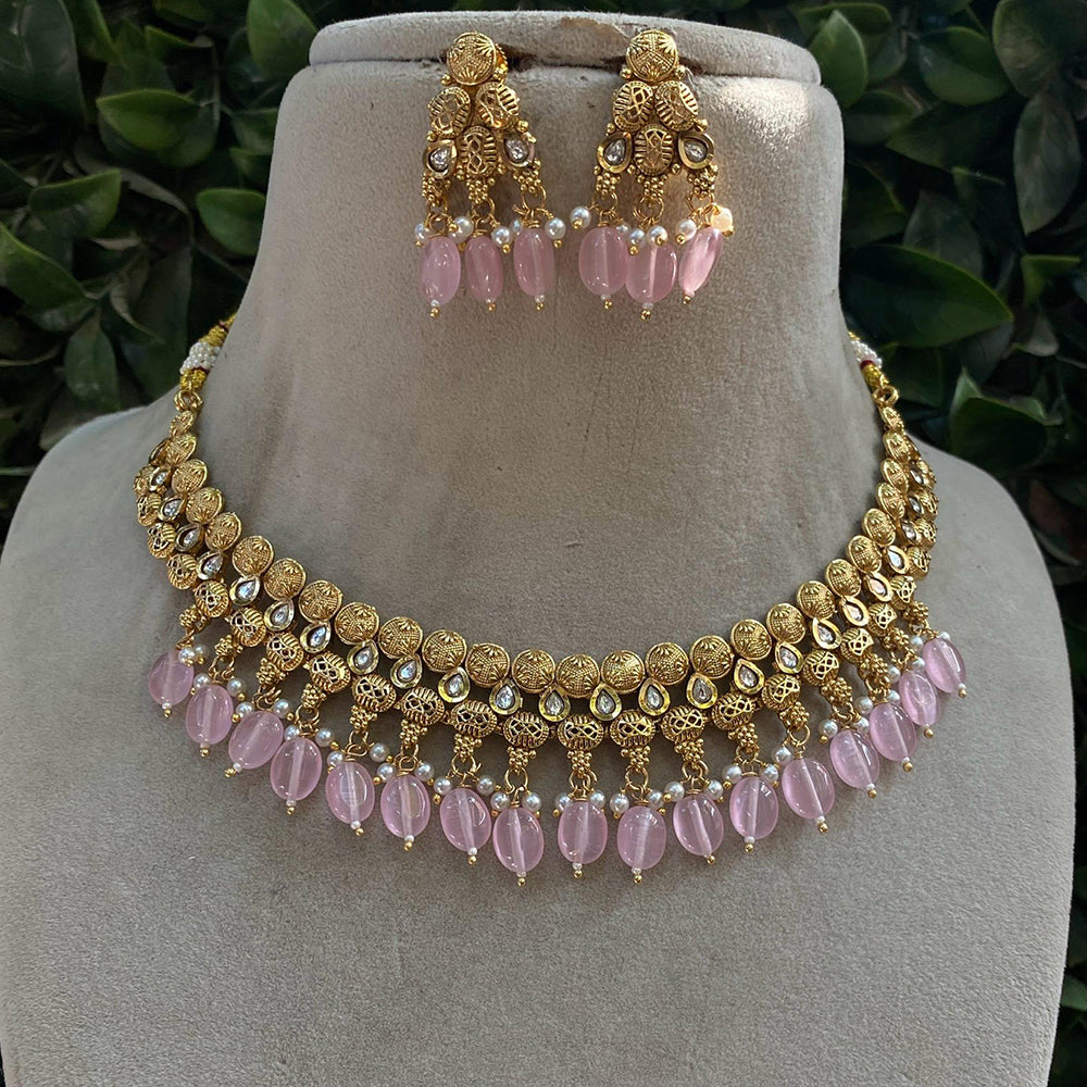 Royal Kundan Jewellery Gold Plated Kundan Stone And Beads Necklace Set