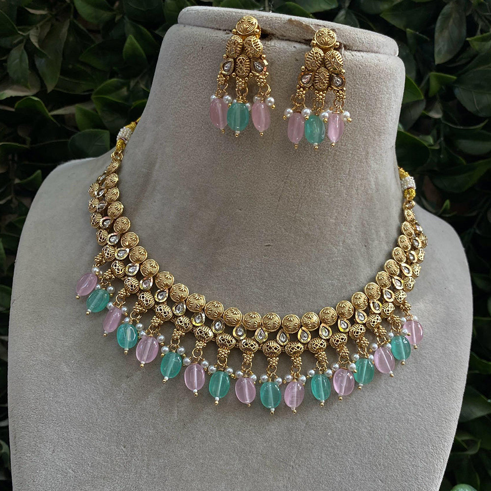 Royal Kundan Jewellery Gold Plated Kundan Stone And Beads Necklace Set