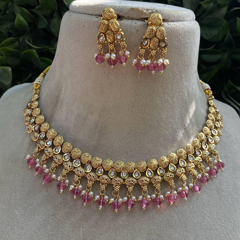 Royal Kundan Jewellery Gold Plated Kundan Stone And Beads Necklace Set