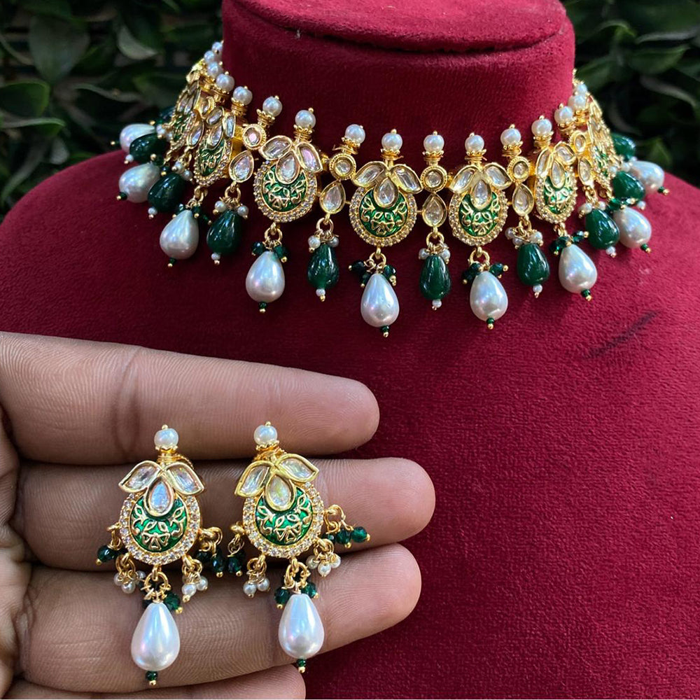 Royal Kundan Jewellery Gold Plated Polki Kundan Stone And Pearls Meenakari Choker Necklace Set