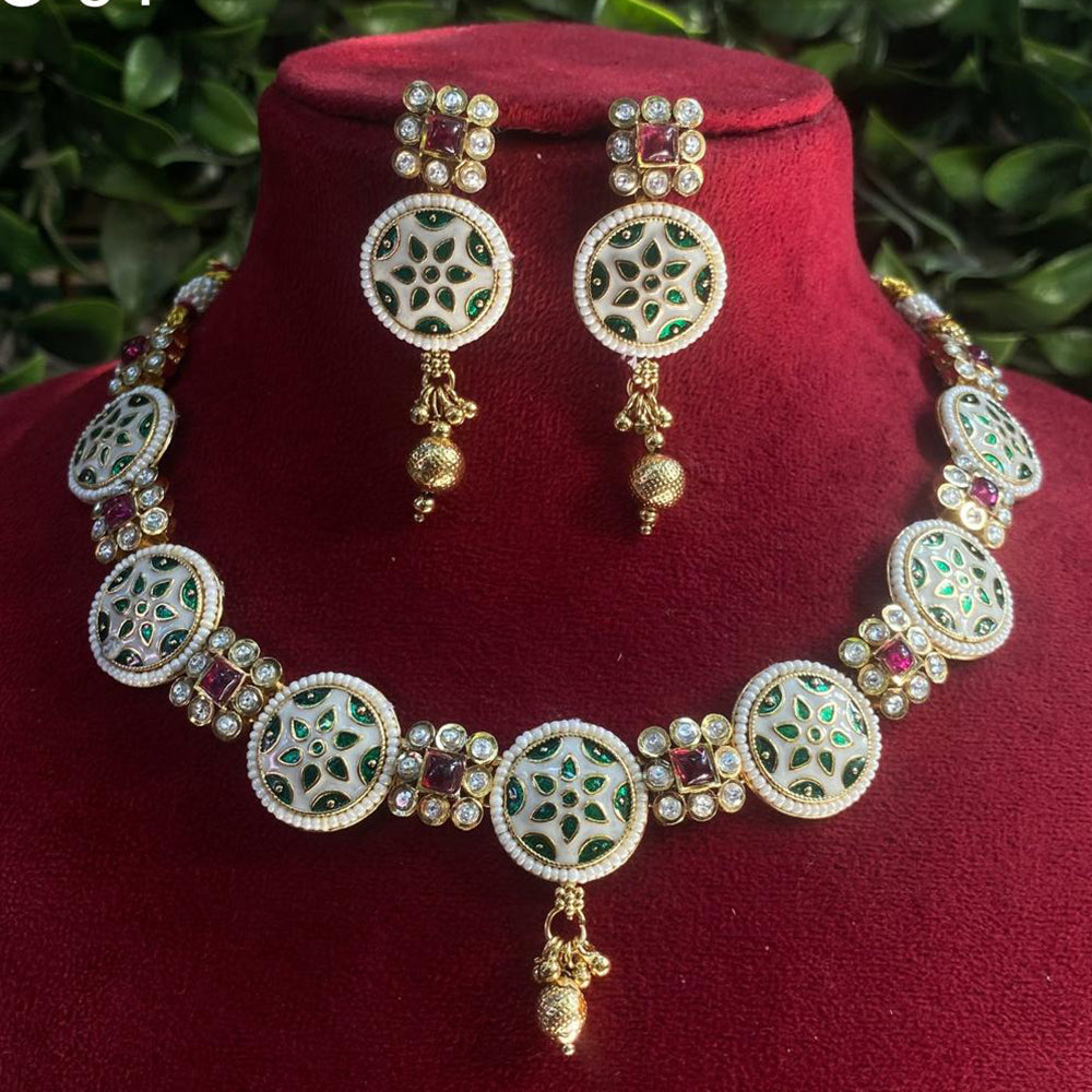 Royal Kundan Jewellery Gold Plated Pota Stone And Meenakari Necklace Set