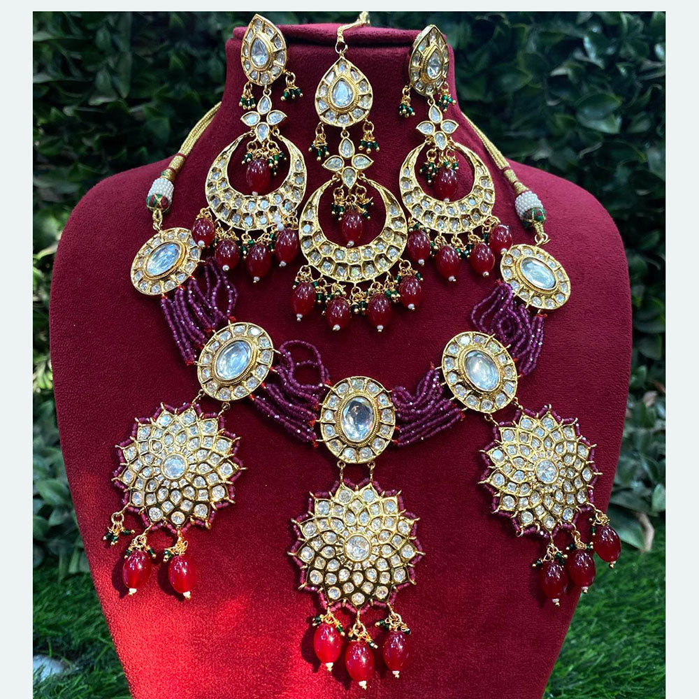 Royal Kundan Jewellery Gold Plated Polki Kundan Stone Beads Necklace Set