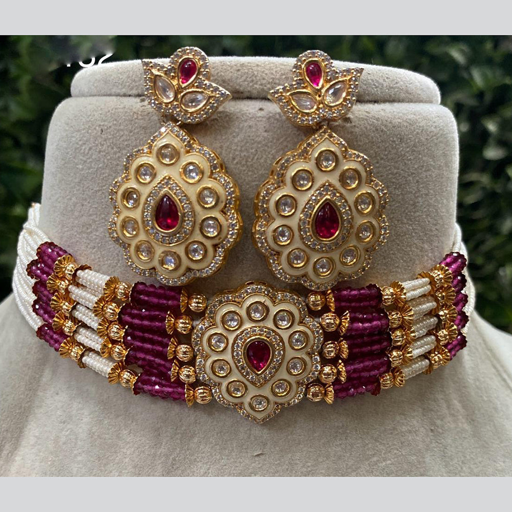Royal Kundan Jewellery Gold Plated Pota Stone And Pearls Meenakari Choker Necklace Set