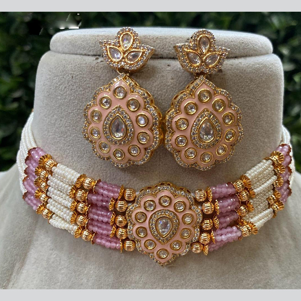 Royal Kundan Jewellery Gold Plated Pota Stone And Pearls Meenakari Choker Necklace Set