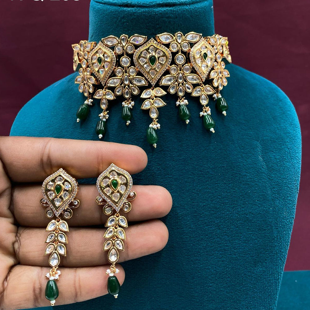 Royal Kundan Jewellery Gold Plated Polki Kundan Stone And Beads Choker Necklace Set