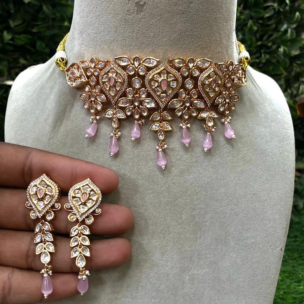 Royal Kundan Jewellery Gold Plated Polki Kundan Stone And Beads Choker Necklace Set
