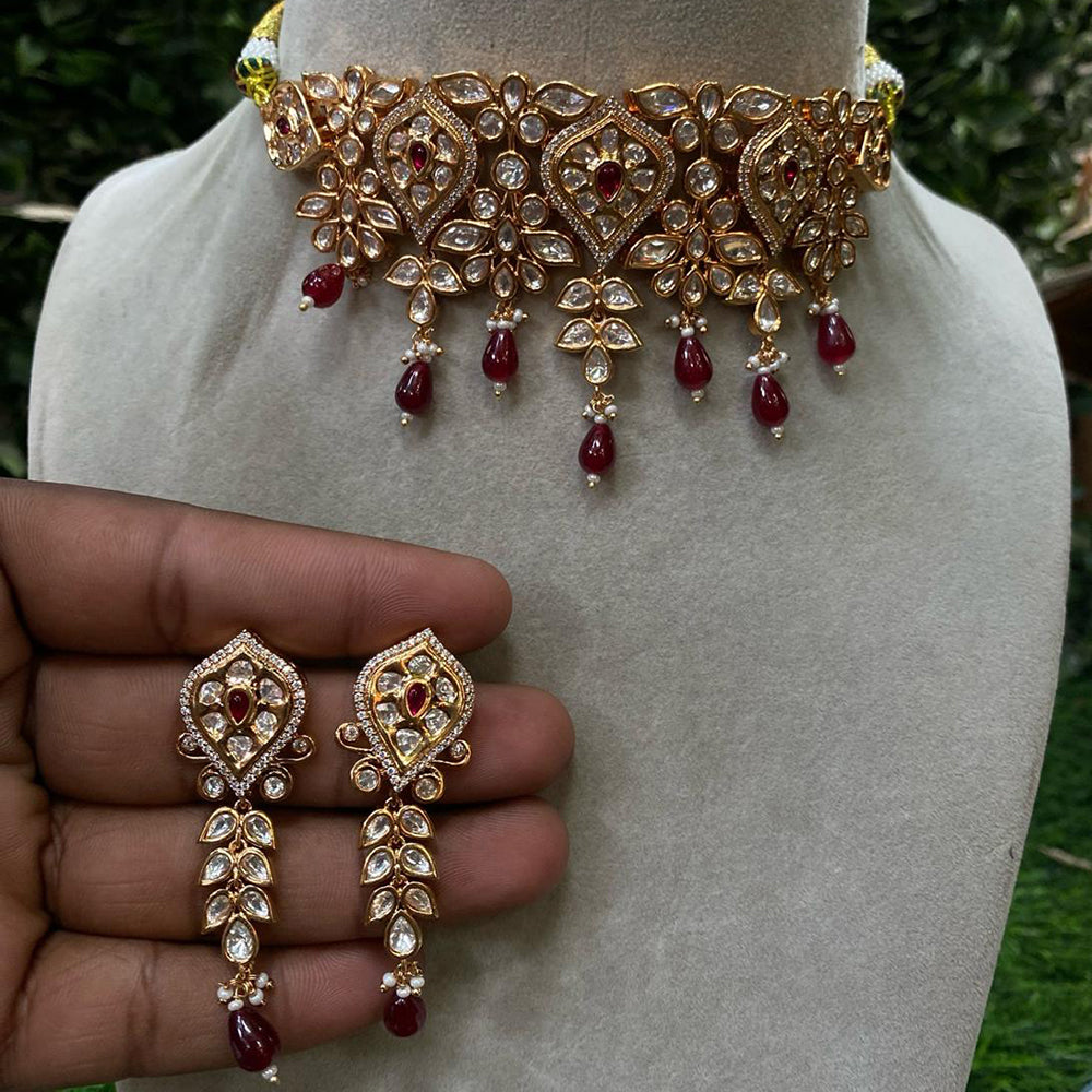 Royal Kundan Jewellery Gold Plated Polki Kundan Stone And Beads Choker Necklace Set