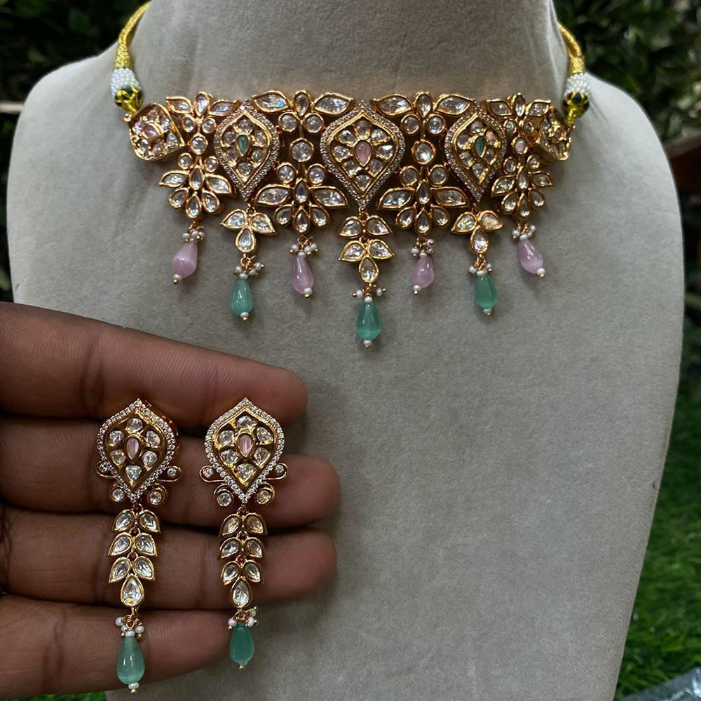 Royal Kundan Jewellery Gold Plated Polki Kundan Stone And Beads Choker Necklace Set