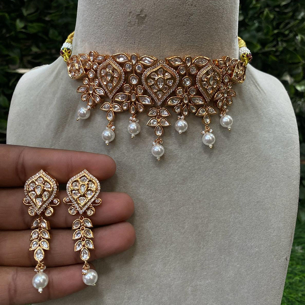 Royal Kundan Jewellery Gold Plated Polki Kundan Stone And Beads Choker Necklace Set