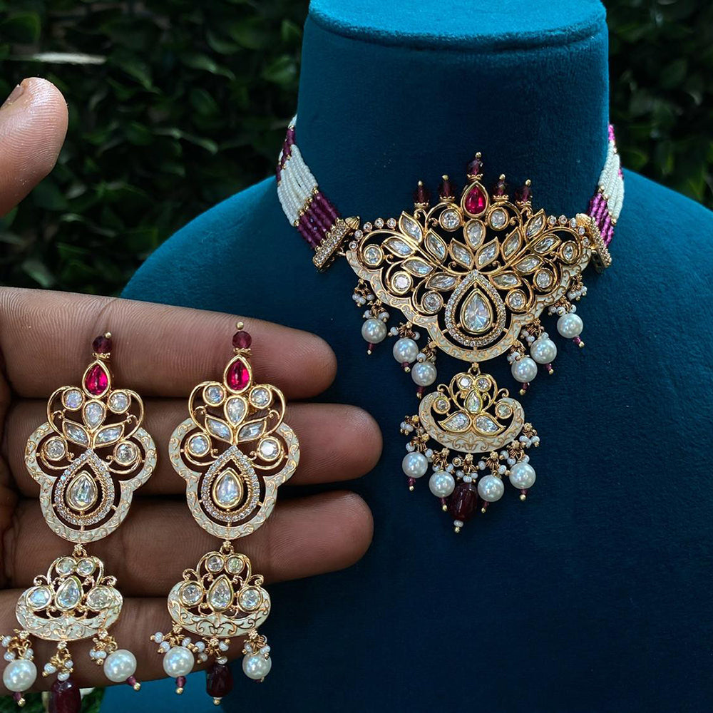 Royal Kundan Jewellery Gold Plated Polki Kundan Stone And Beads Choker Necklace Set