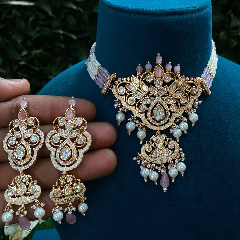 Royal Kundan Jewellery Gold Plated Polki Kundan Stone And Beads Choker Necklace Set