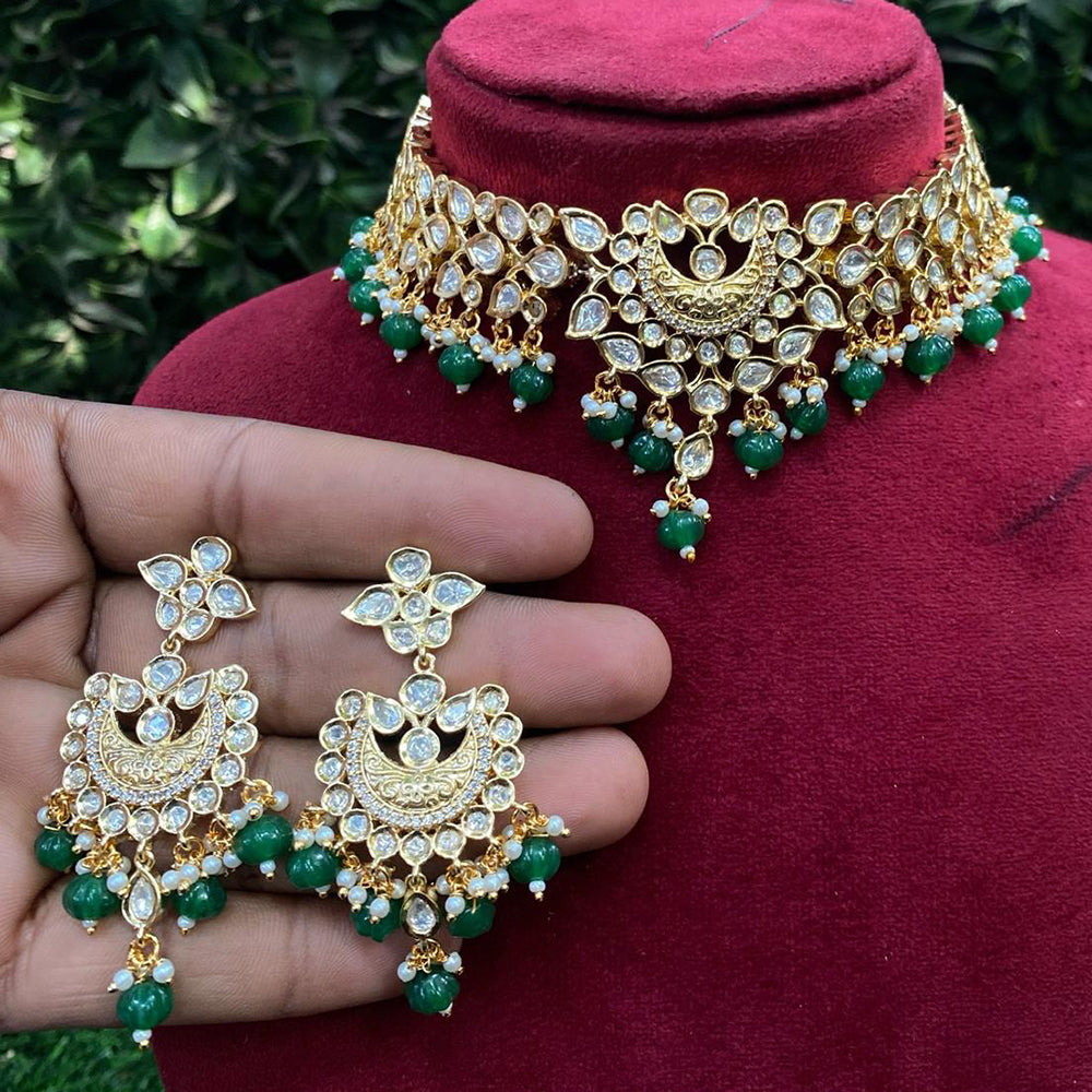 Royal Kundan Jewellery Gold Plated Polki Kundan Stone And Beads Choker Necklace Set