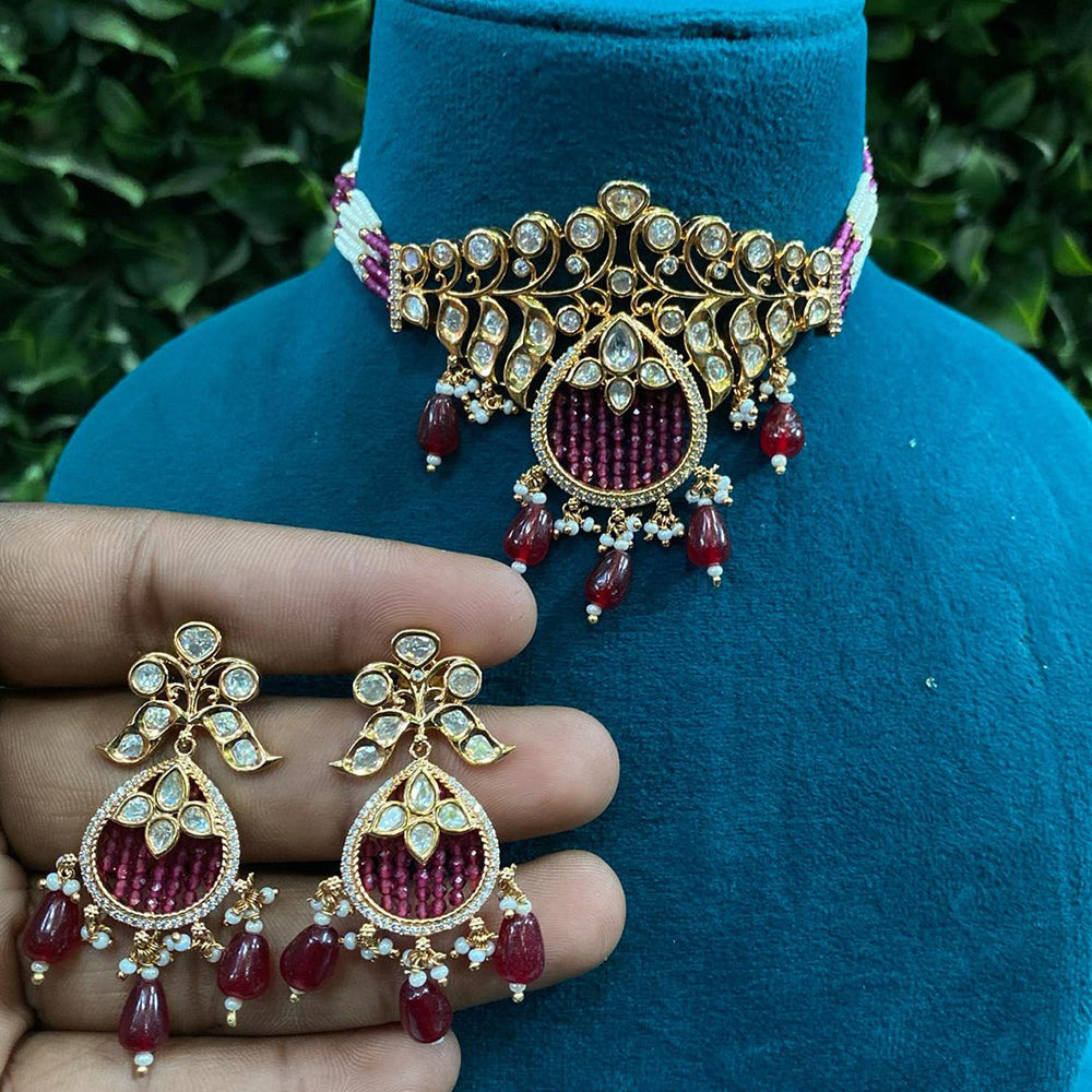 Royal Kundan Jewellery Gold Plated Polki Kundan Stone And Beads Choker Necklace Set