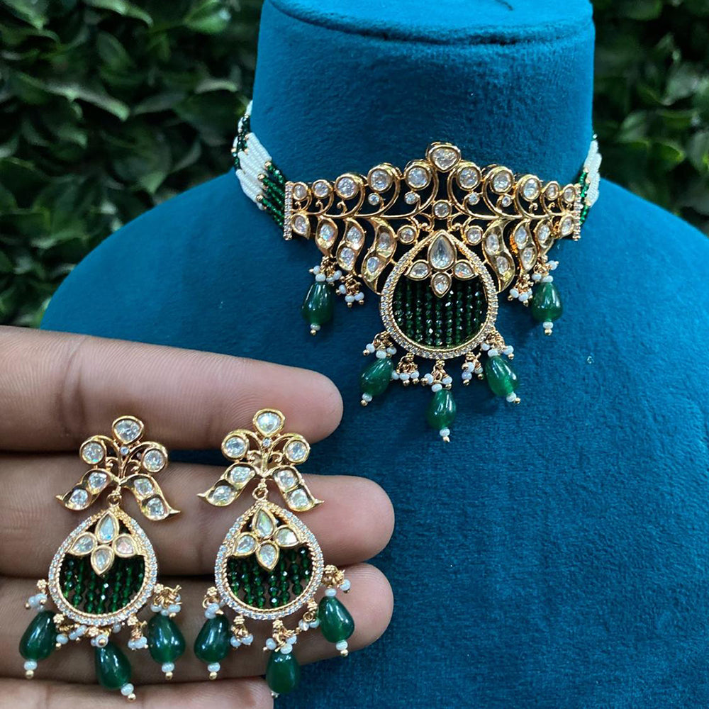 Royal Kundan Jewellery Gold Plated Polki Kundan Stone And Beads Choker Necklace Set