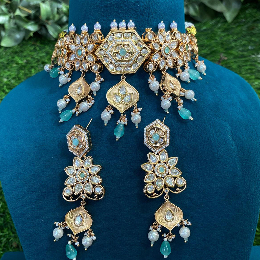 Royal Kundan Jewellery Gold Plated Polki Kundan Stone And Beads Choker Necklace Set