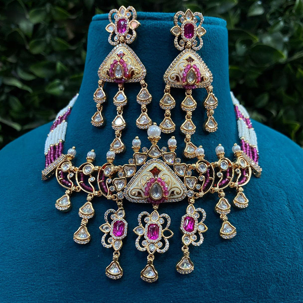 Royal Kundan Jewellery Gold Plated Polki Kundan Stone And Pearls Meenakari Choker Necklace Set