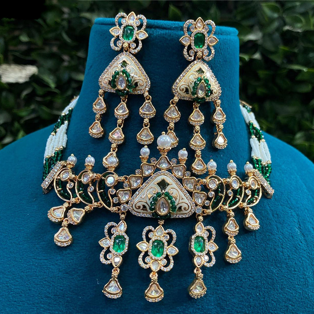 Royal Kundan Jewellery Gold Plated Polki Kundan Stone And Pearls Meenakari Choker Necklace Set