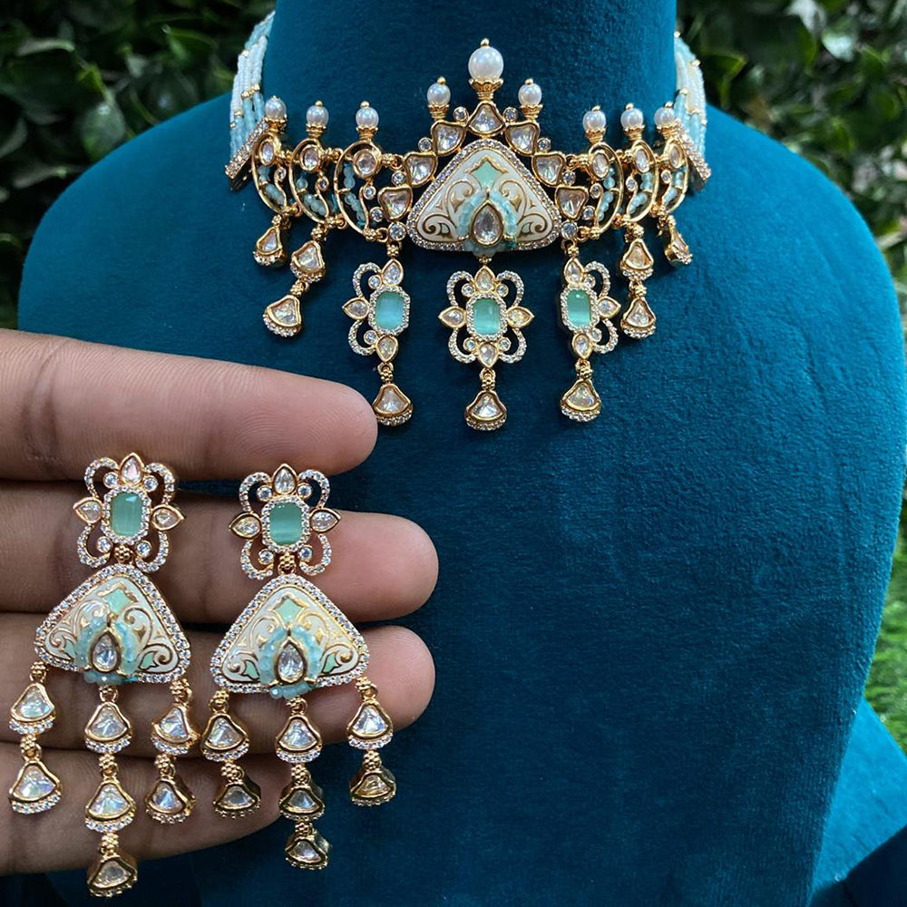 Royal Kundan Jewellery Gold Plated Polki Kundan Stone And Pearls Meenakari Choker Necklace Set