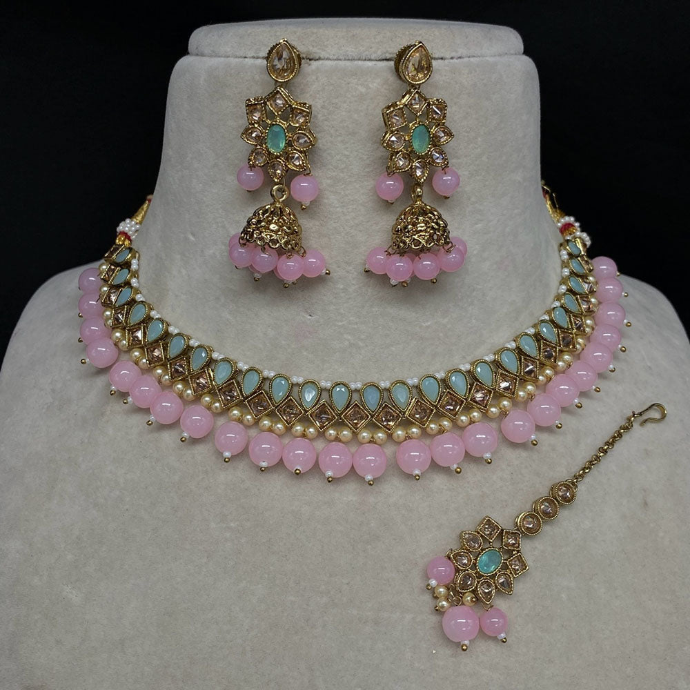 Royal Kundan Jewellery Gold Plated Crystal Stone And Beads Necklace Set