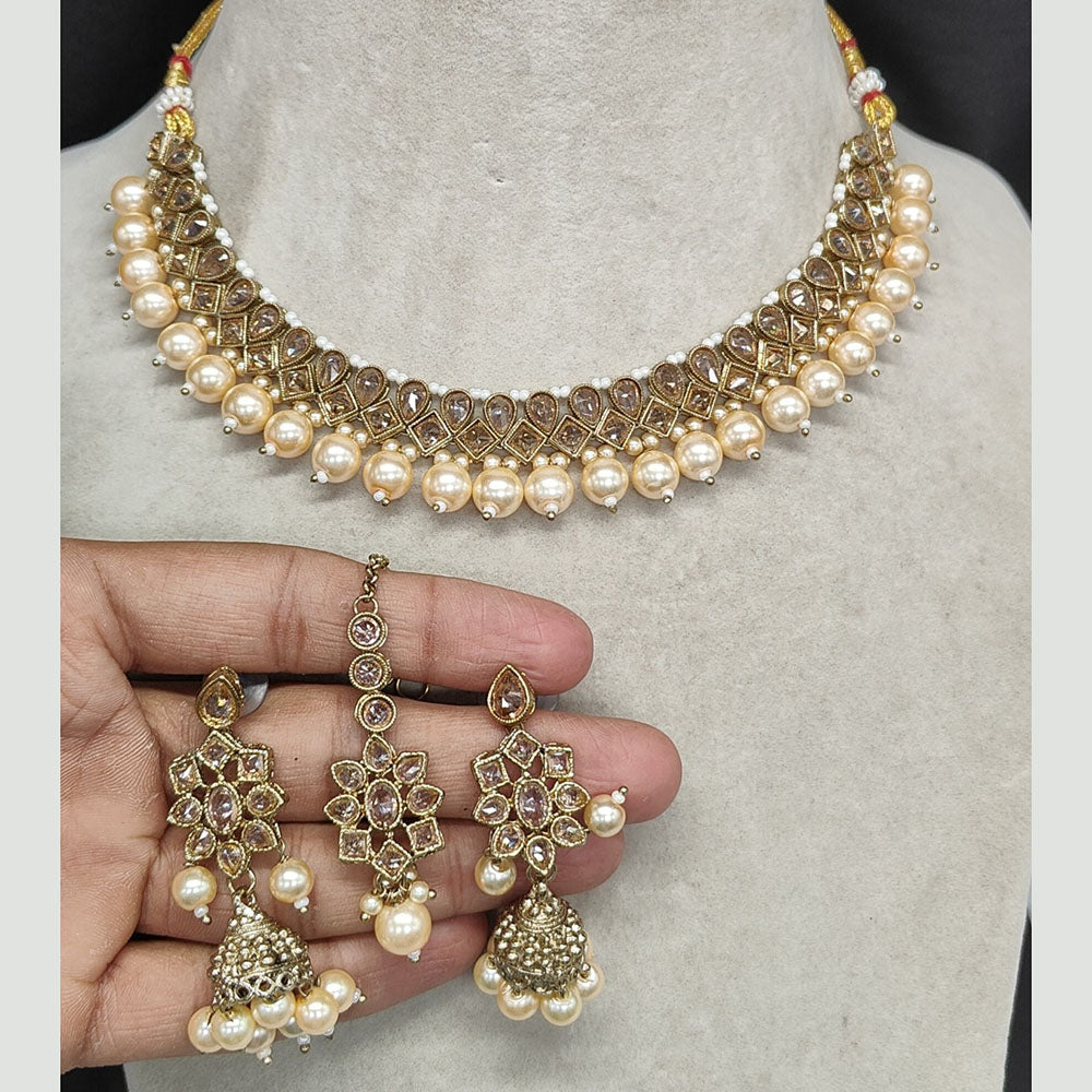 Royal Kundan Jewellery Gold Plated Crystal Stone And Beads Necklace Set