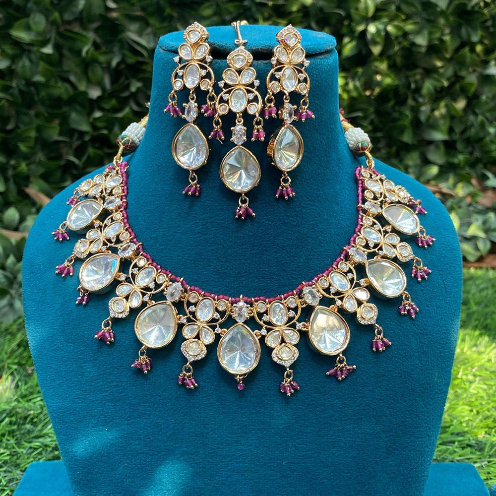 Royal Kundan Jewellery Gold Plated Polki Kundan Stone And Beads Necklace Set