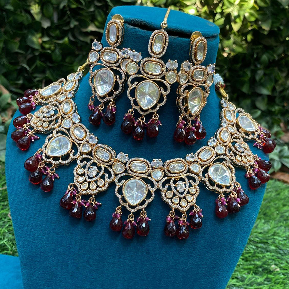 Royal Kundan Jewellery Gold Plated Polki Kundan Stone And Beads Necklace Set