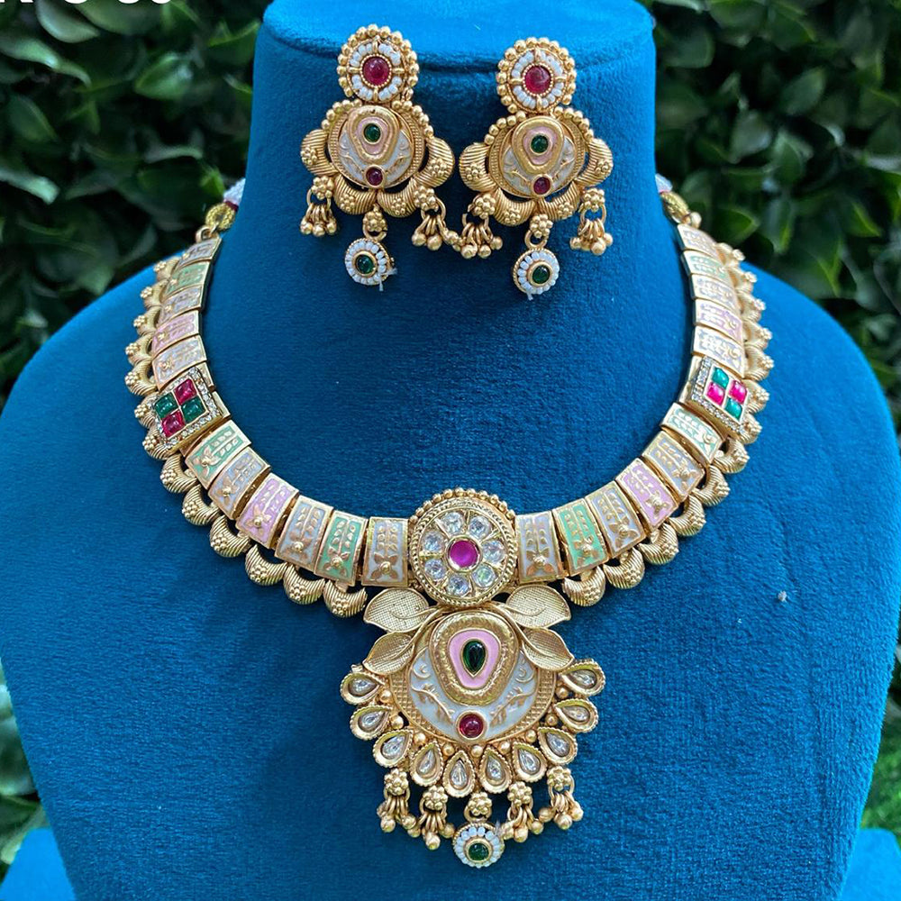 Royal Kundan Jewellery Gold Plated Pota Stone Stone And Meenakari Necklace Set