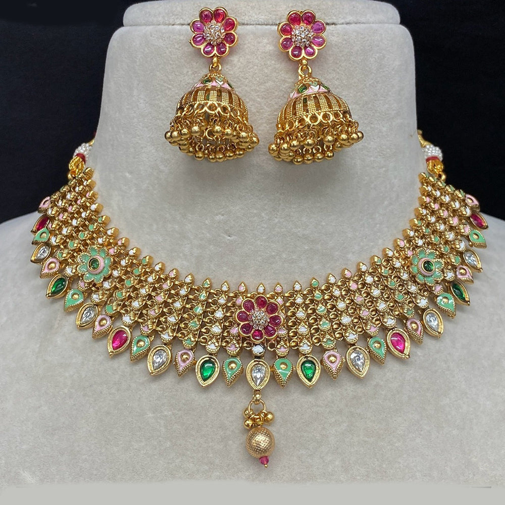 Royal Kundan Jewellery Gold Plated Pota Stone Stone And Meenakari Necklace Set