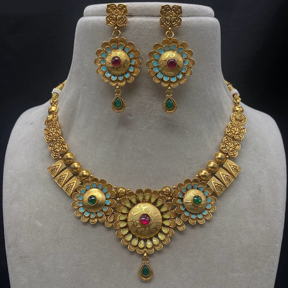 Royal Kundan Jewellery Gold Plated Pota Stone Stone And Meenakari Necklace Set