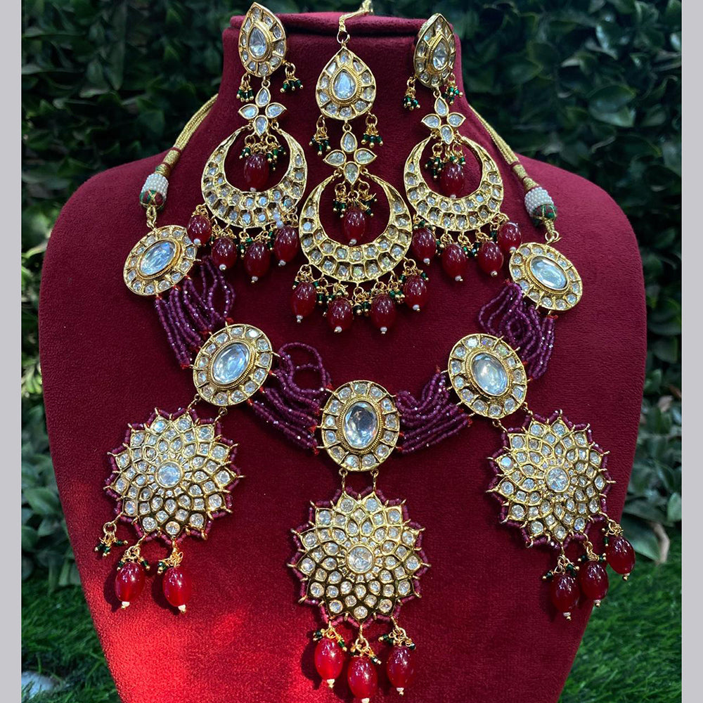 Royal Kundan Jewellery Gold Plated Polki Kundan Stone And Beads Necklace Set