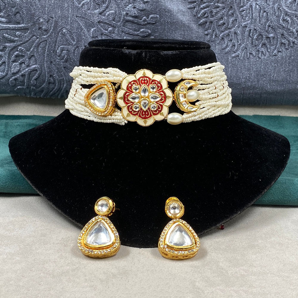 Royal Kundan Jewellery Kundan Stone And Pearl Meenakari Choker Necklace Set