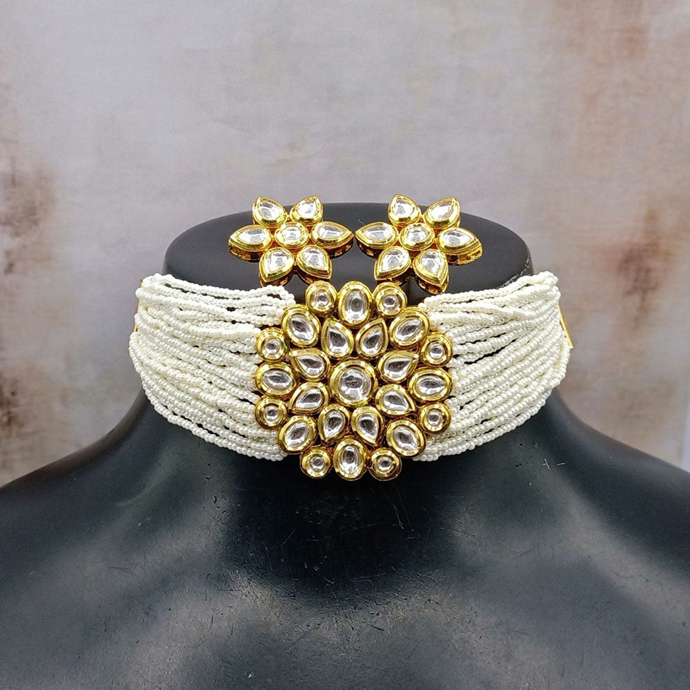 Royal Kundan Jewellery Kundan Stone And Pearl Multi Strand Choker Necklace Set