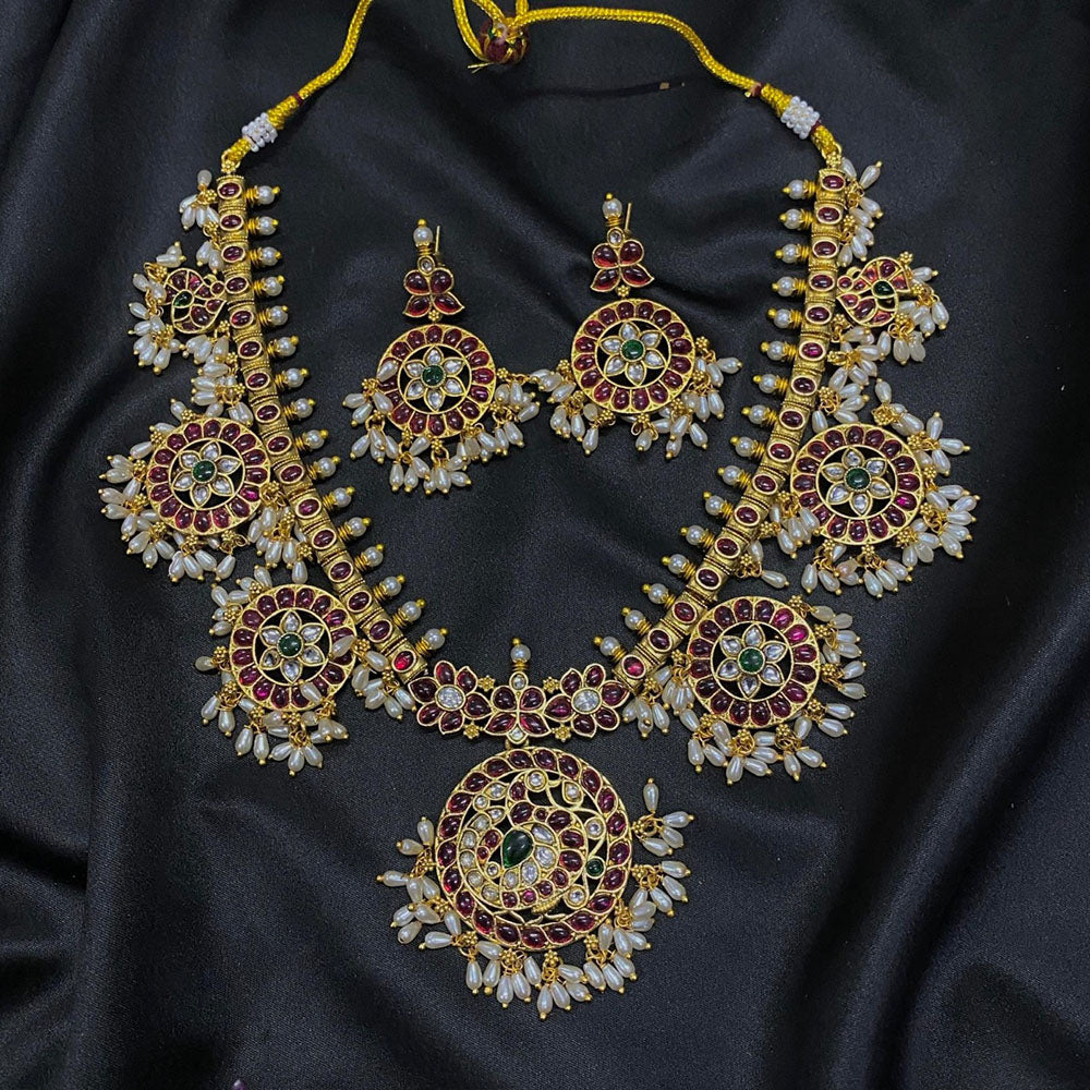 Royal Kundan Jewellery Grand Pota Stone And Pearl Necklace Set