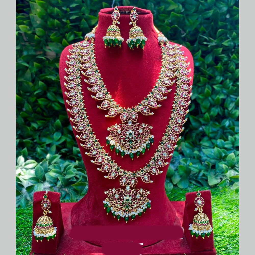 Royal Kundan Jewellery Designer Pota Stone Beads And Pearl Double Necklace Set