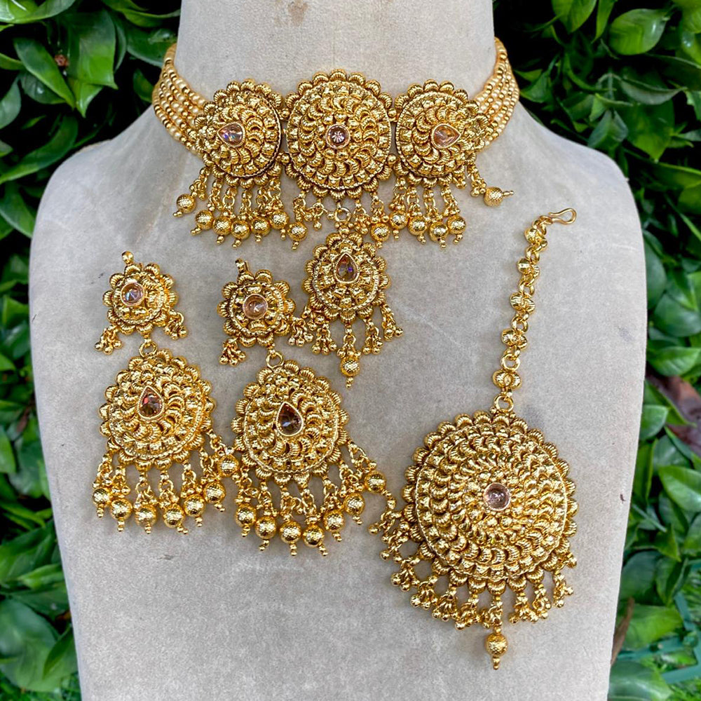 Royal Kundan Jewellery Gold Plated Crystal Stone And Beads Choker Necklace Set