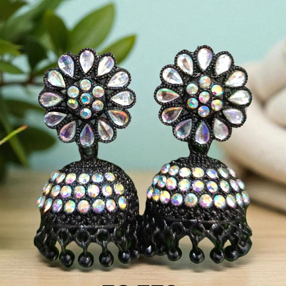 VM Antique Style Black Polish Rainbow Austrian Stone And Beads Jhumki Earrings