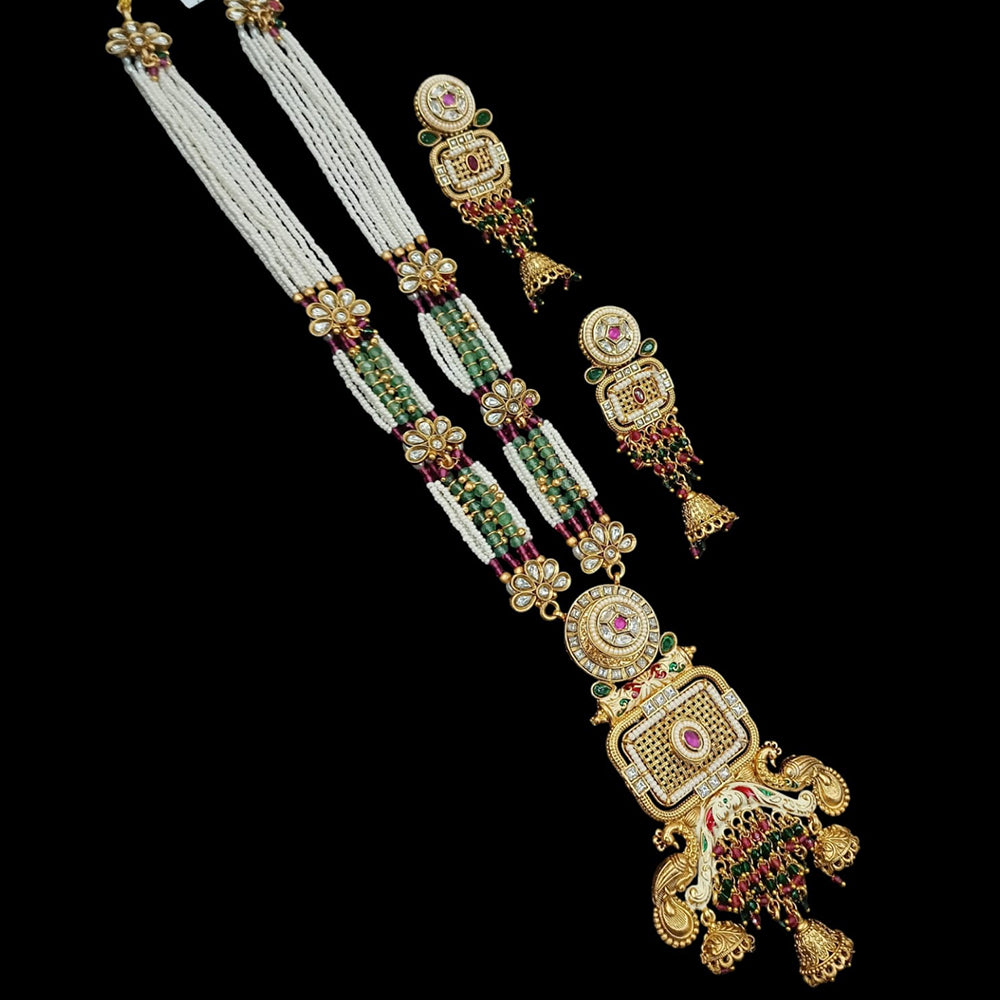 NAFJ Gold Plated Pota Stone & Beads Long Meenakari Necklace Set