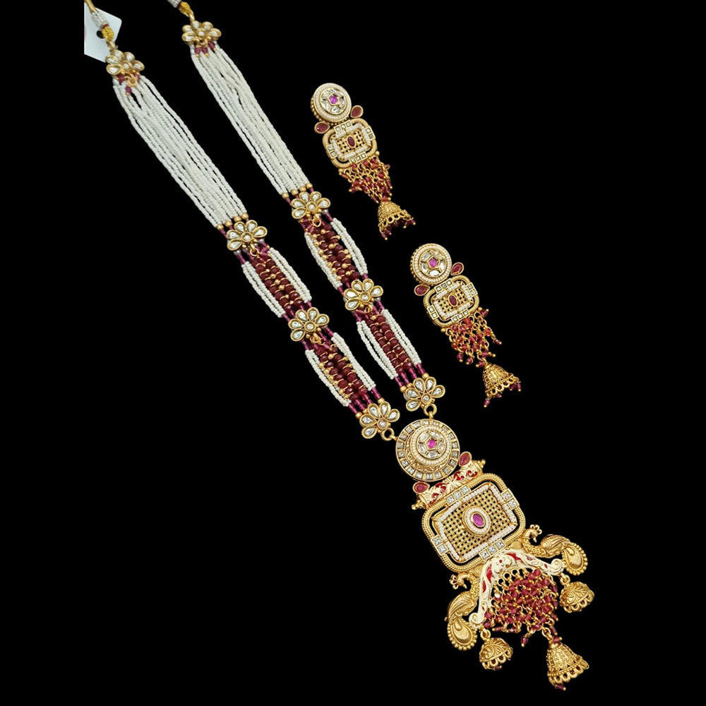 NAFJ Gold Plated Pota Stone & Beads Long Meenakari Necklace Set